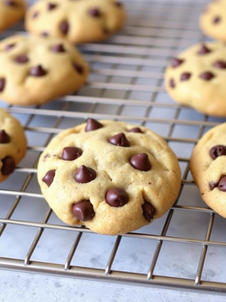 Best soft chocolate chip cookie recipe: Cookies cooling on rack.