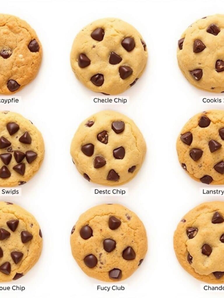 Different types of chocolate chip cookie: Grid of cookie types.