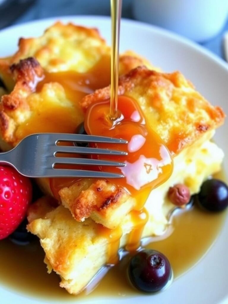 Easy overnight breakfast casserole: French toast with syrup.