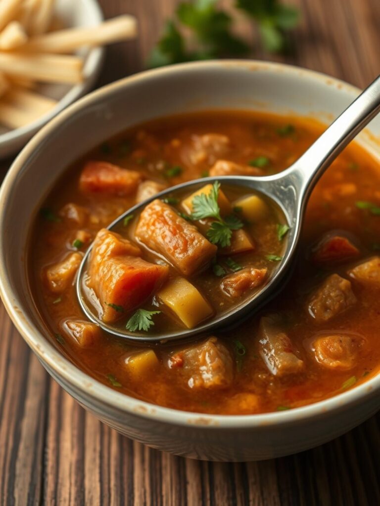 Simple meals cheap: Spoon in thick stew.