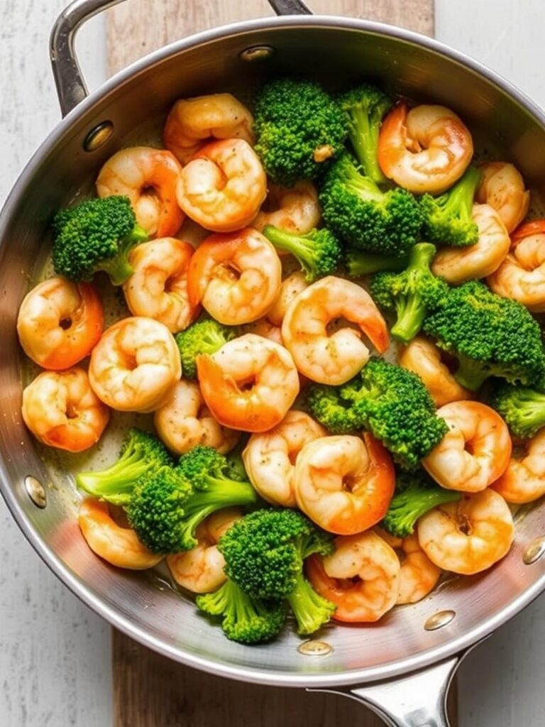 Protein shrimp recipes: Pan of shrimp and broccoli.