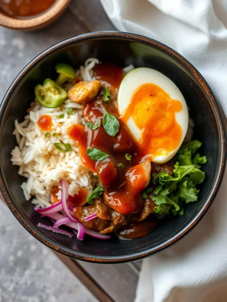 Healthy yet delicious meals: Bowl with sauce drizzle.