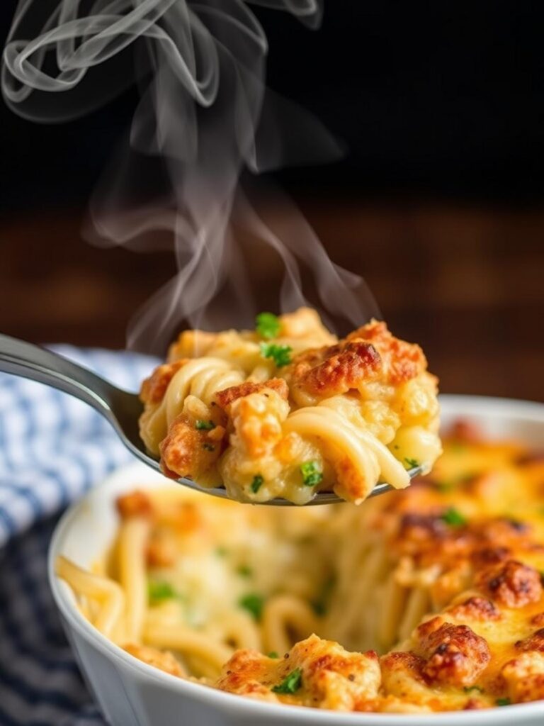 No carb easy dinner: Casserole scoop with steam.