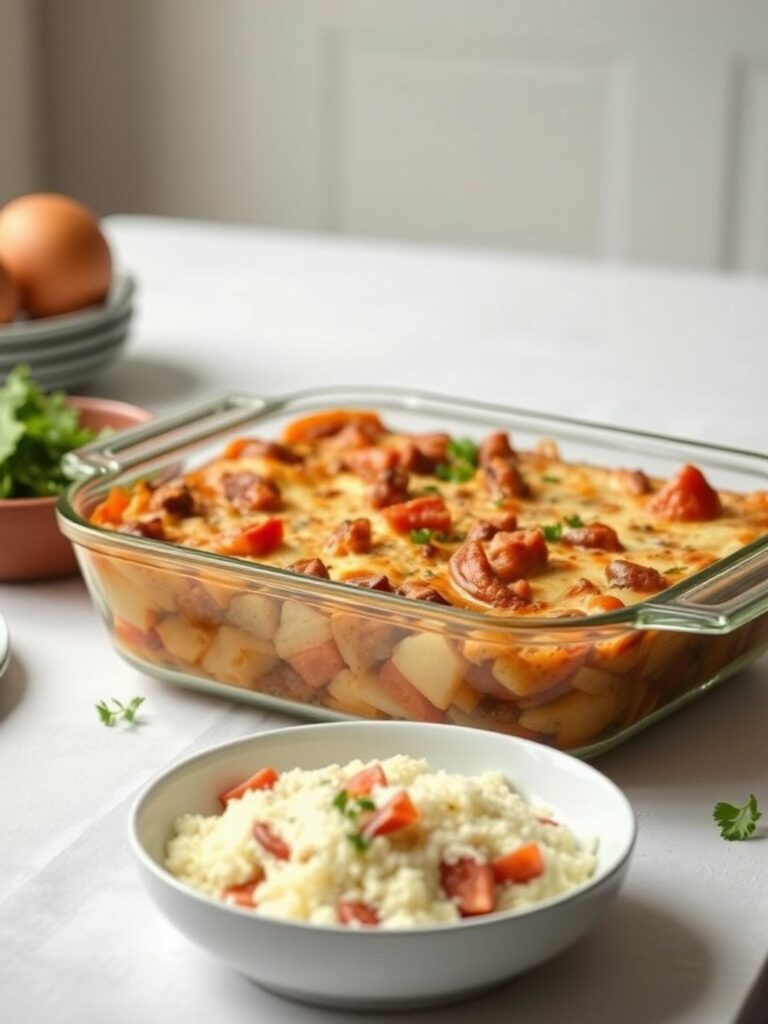 Cheap healthy meals for family low carb: Casserole dish on table.