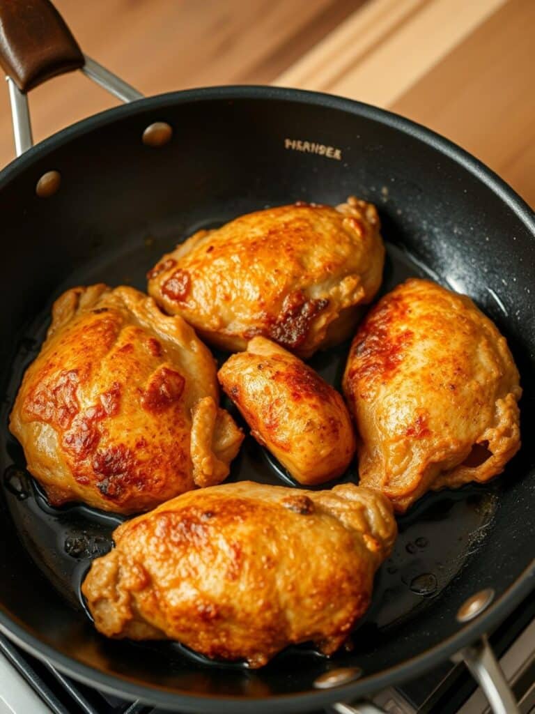 Best fried chicken thighs: Chicken frying in pan.