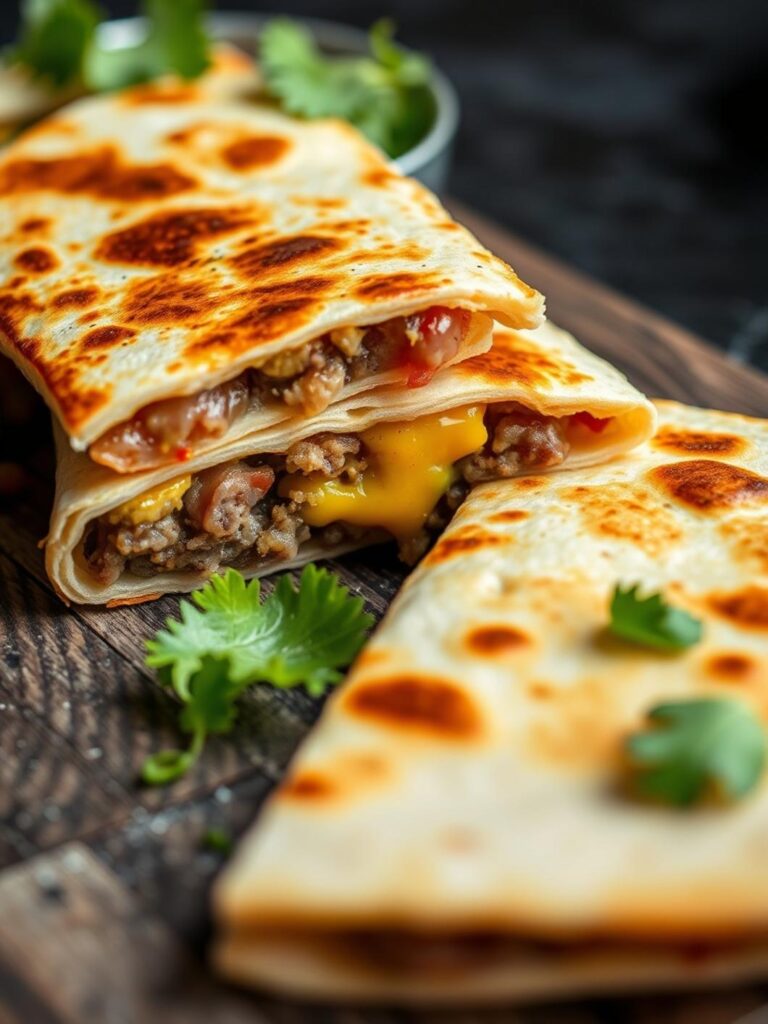 Cheeseburger quesadilla: Quesadilla cut into wedges on plate.