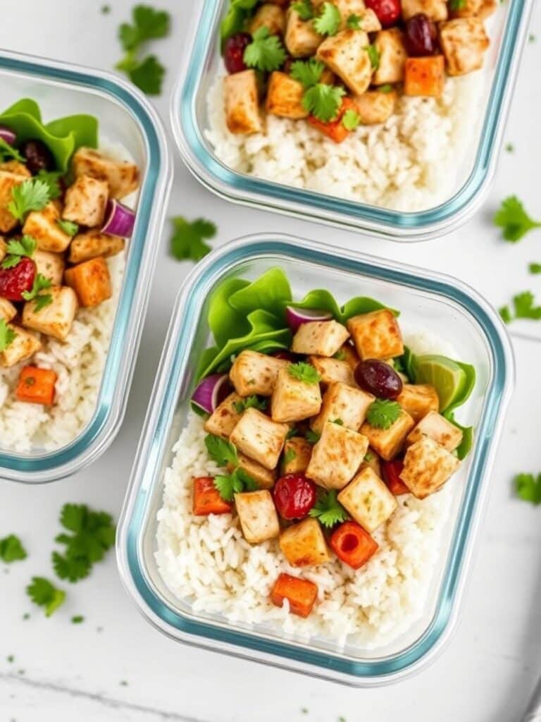 Greek chicken bowls for lunch: Meal prep containers with rice.