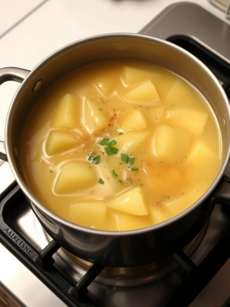 Simple potatoes soup: Pot of soup simmering on stove.