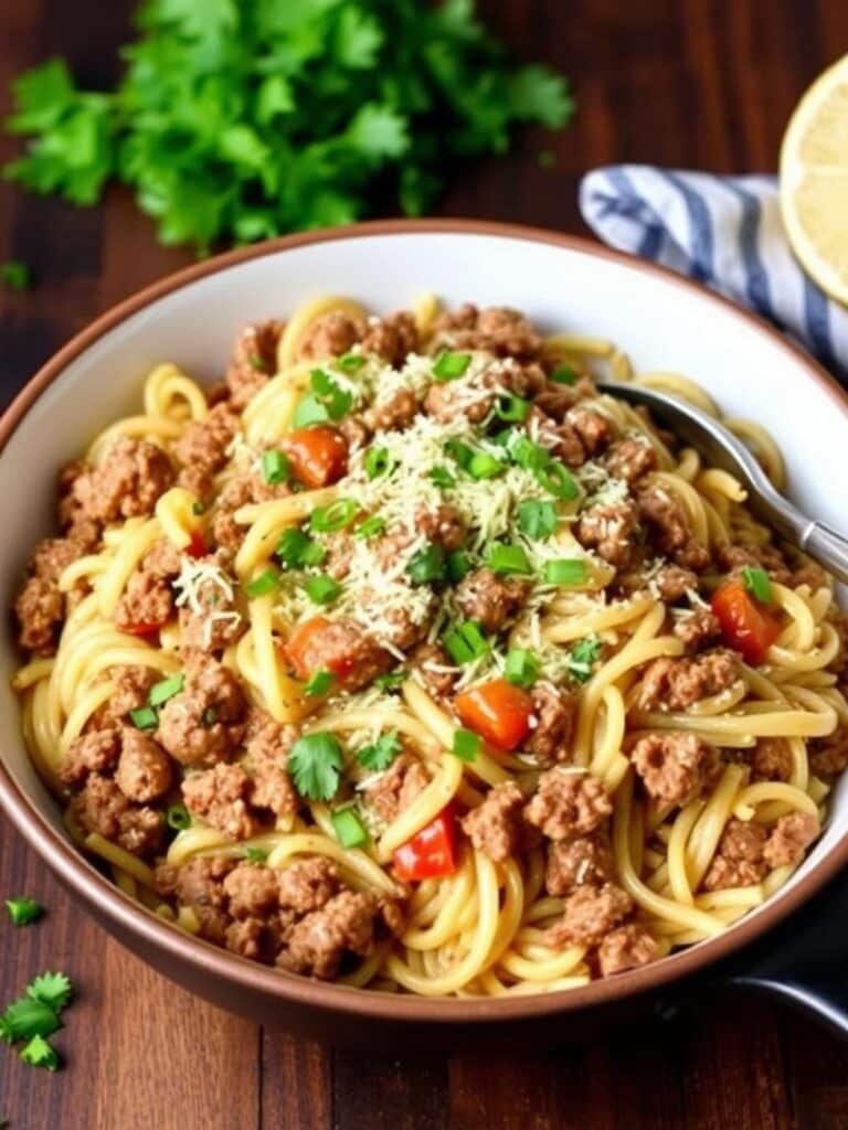 Ground Beef Orzo : One pan dinner.