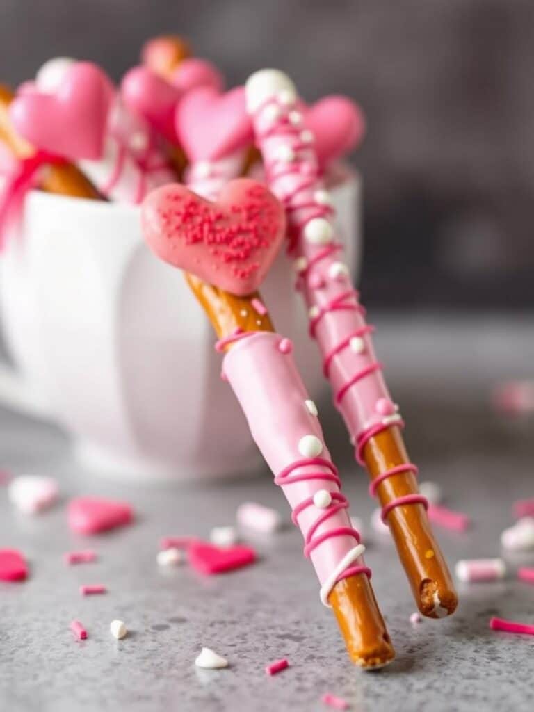 Cute Valentine Treats : Dipped pretzel rods.