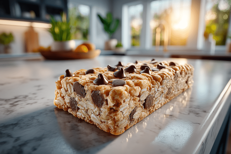 Chocolate chip BelliWelli Low FODMAP Bars unwrapped on a kitchen counter