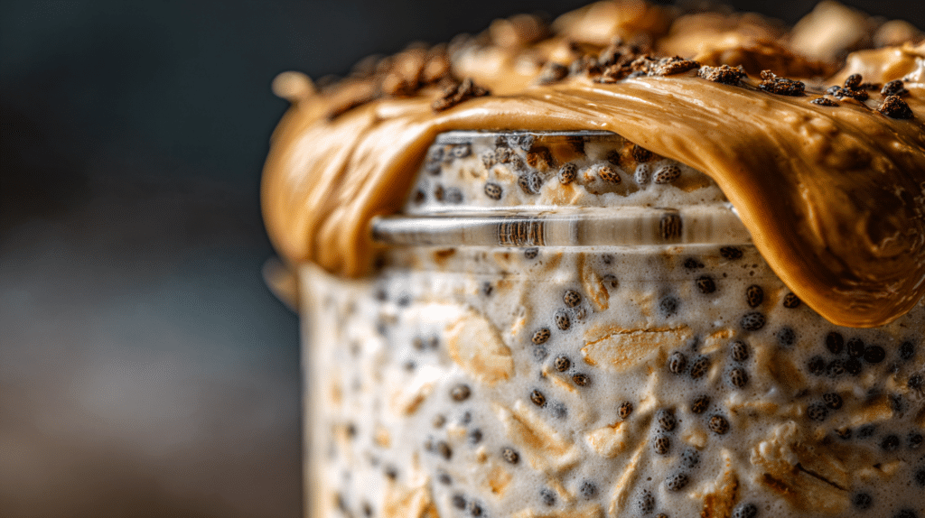 Macro close-up of creamy low FODMAP overnight oats with chia seeds and dripping peanut butter.