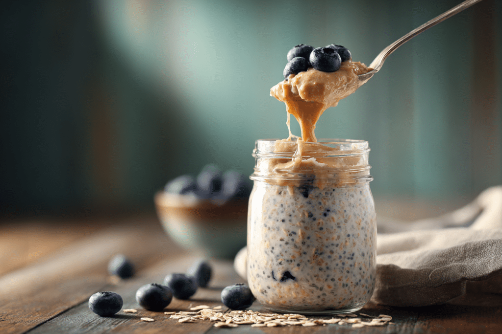 Silver spoon lifting a bite of low FODMAP blueberry oatmeal with a peanut butter drip.