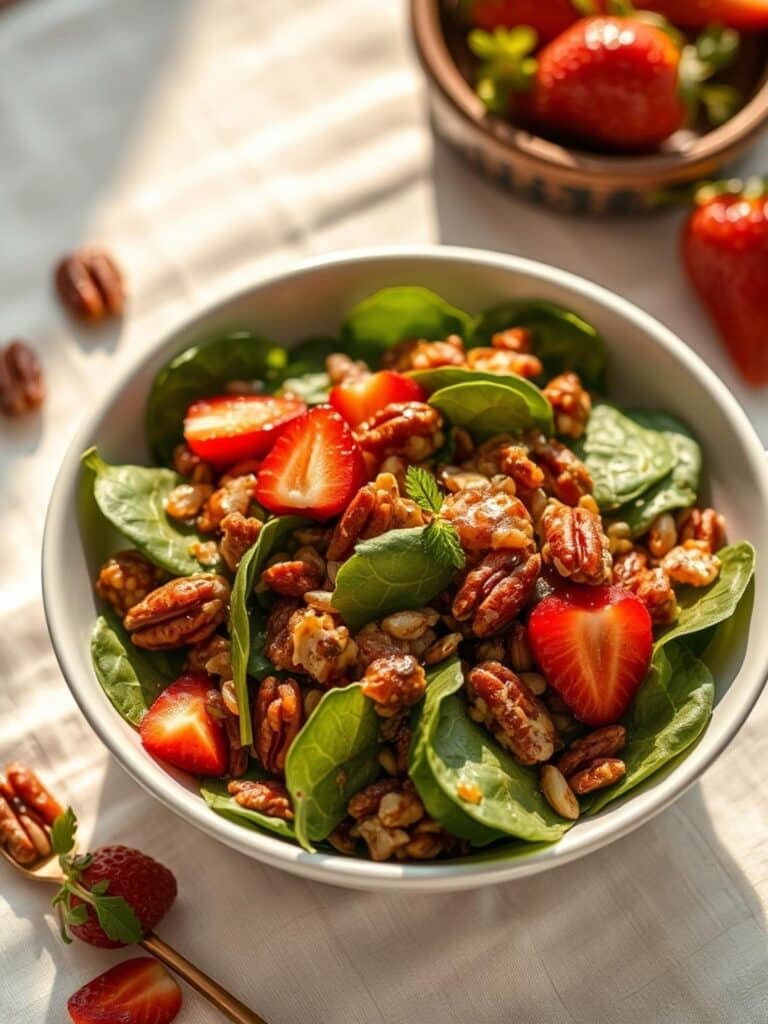 Crunchy Candied Pecan And Strawberry Spinach Salad