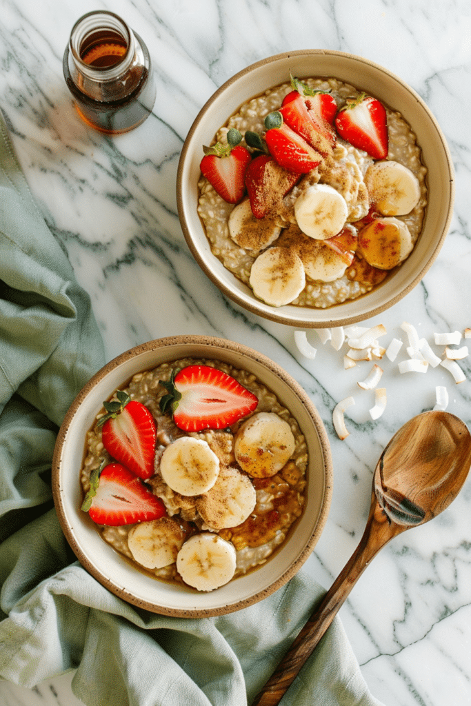 Two bowls of low FODMAP tropical millet porridge with strawberries and banana on cream marble — overhead view.