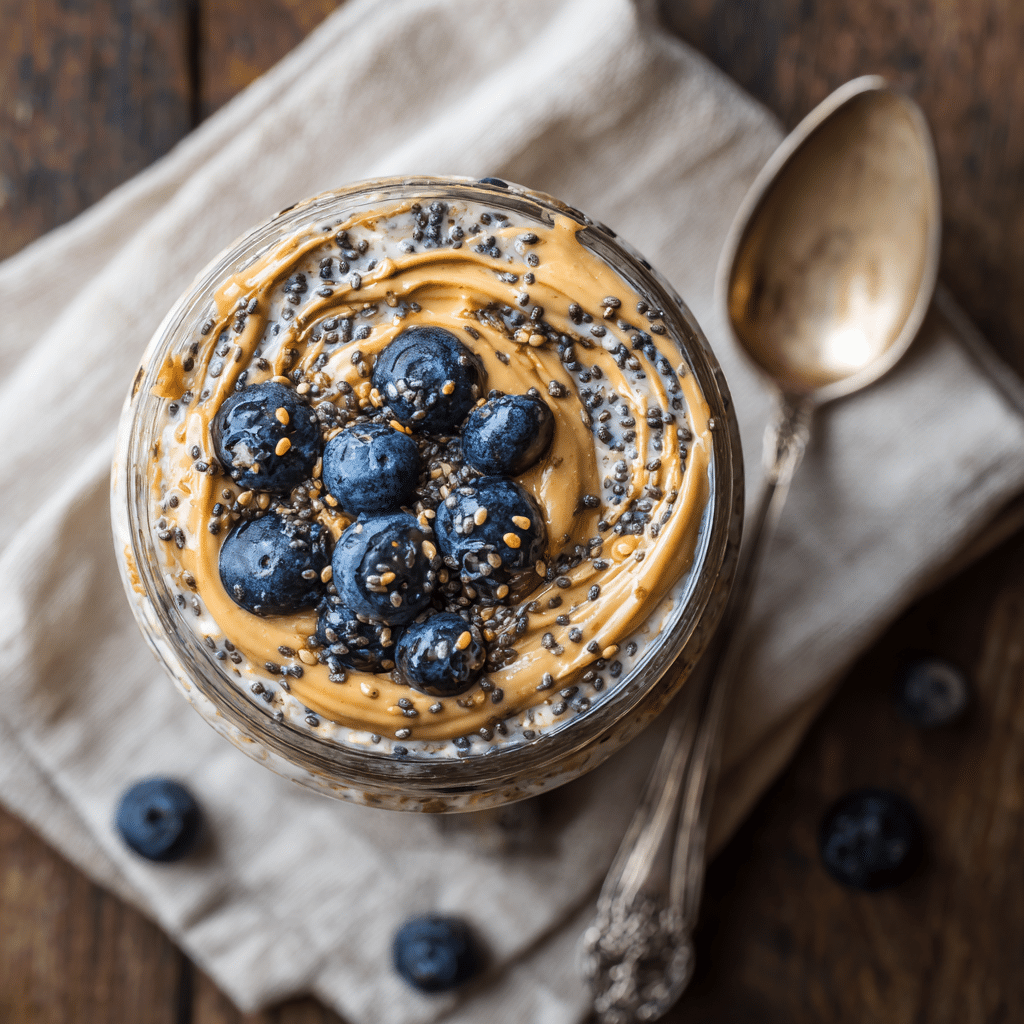 Overhead view of low FODMAP oatmeal with chia seeds, blueberries, and a peanut butter swirl.