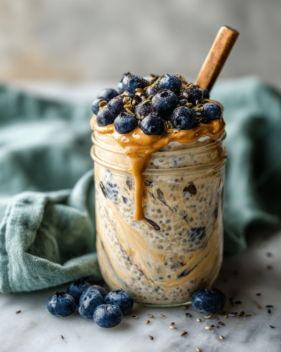 Photographie d'un bocal d'overnight oats aux myrtilles répondant à la question is oatmeal low fodmap en illustrant une portion sécuritaire de 40g.