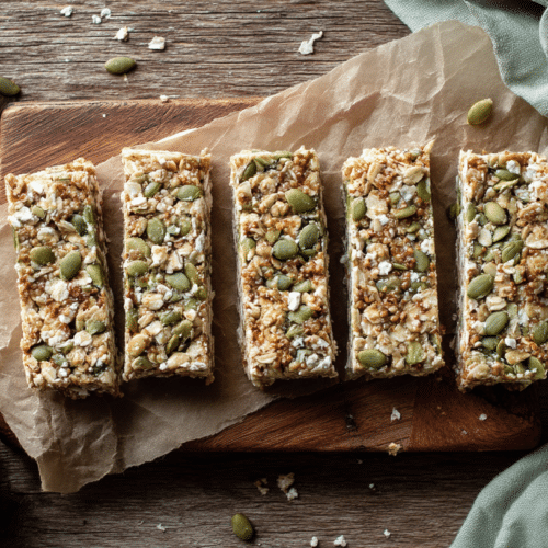 low FODMAP granola bars sliced on a wooden board