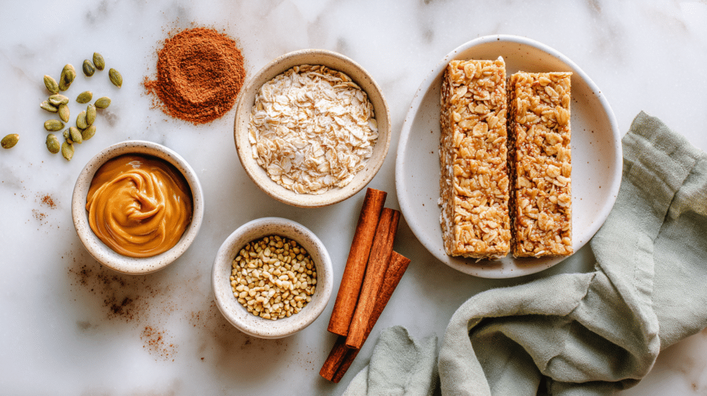 low FODMAP granola bar ingredients including gluten free oats peanut butter and maple syrup on marble