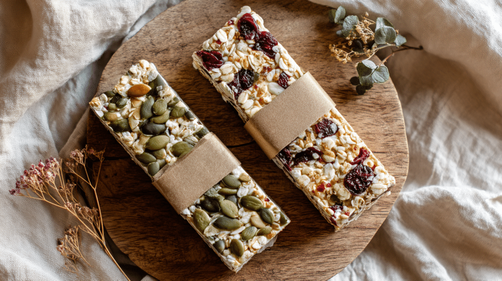two variations of low FODMAP granola bars with pumpkin seeds and dried cranberries on a wooden board