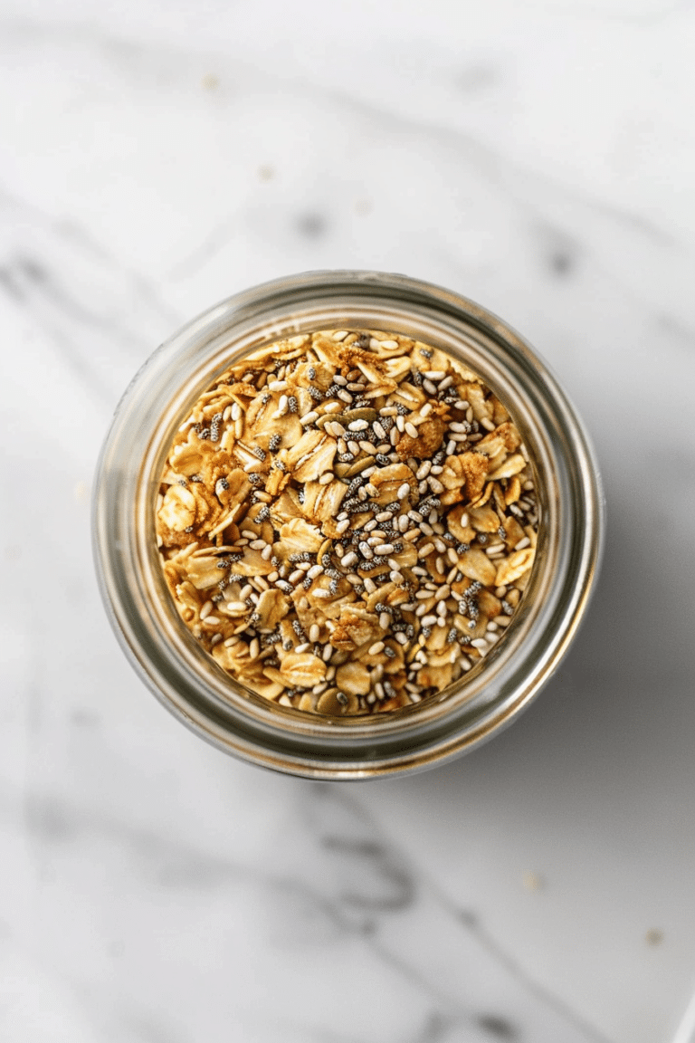 Low FODMAP granola recipe in a glass jar with oats, seeds and crunchy clusters