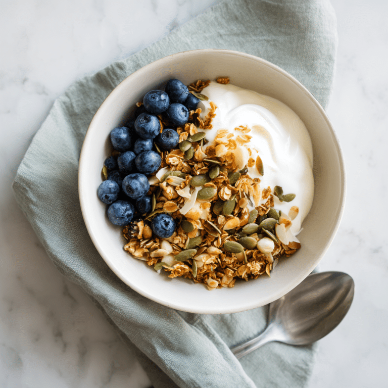 Toasted low FODMAP muesli breakfast bowl with pumpkin seeds and lactose-free milk.