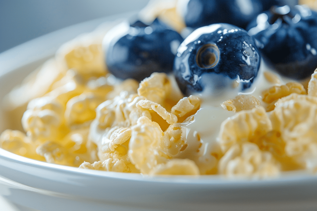 Extreme close-up of crispy golden Rice Krispies cereal, low FODMAP safe at 30g
