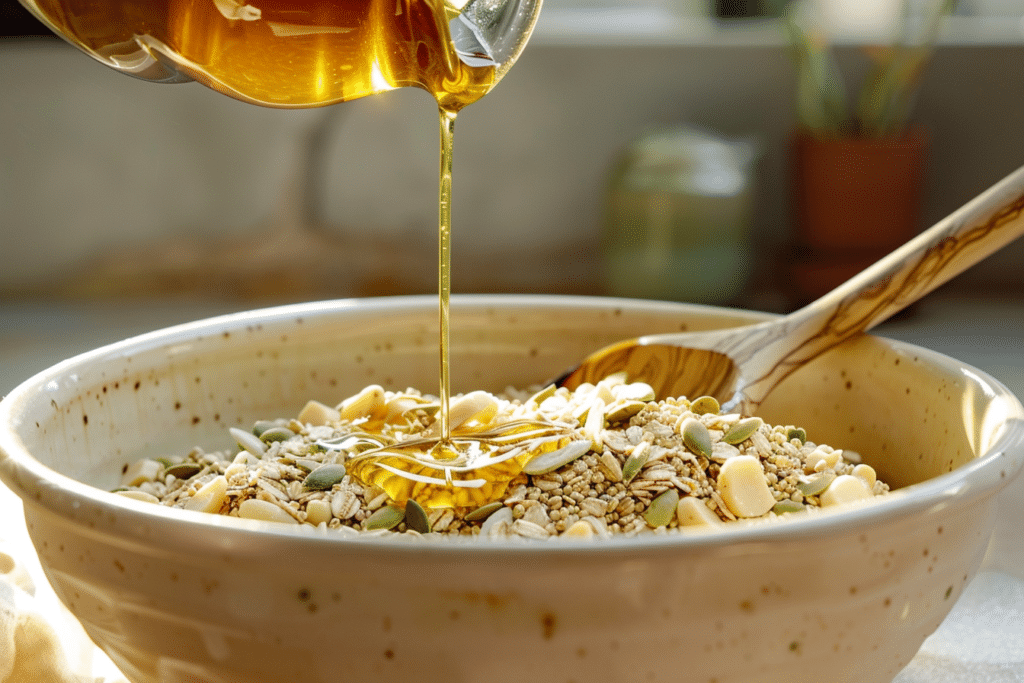 Mixing dry oats and pumpkin seeds in a large ceramic bowl