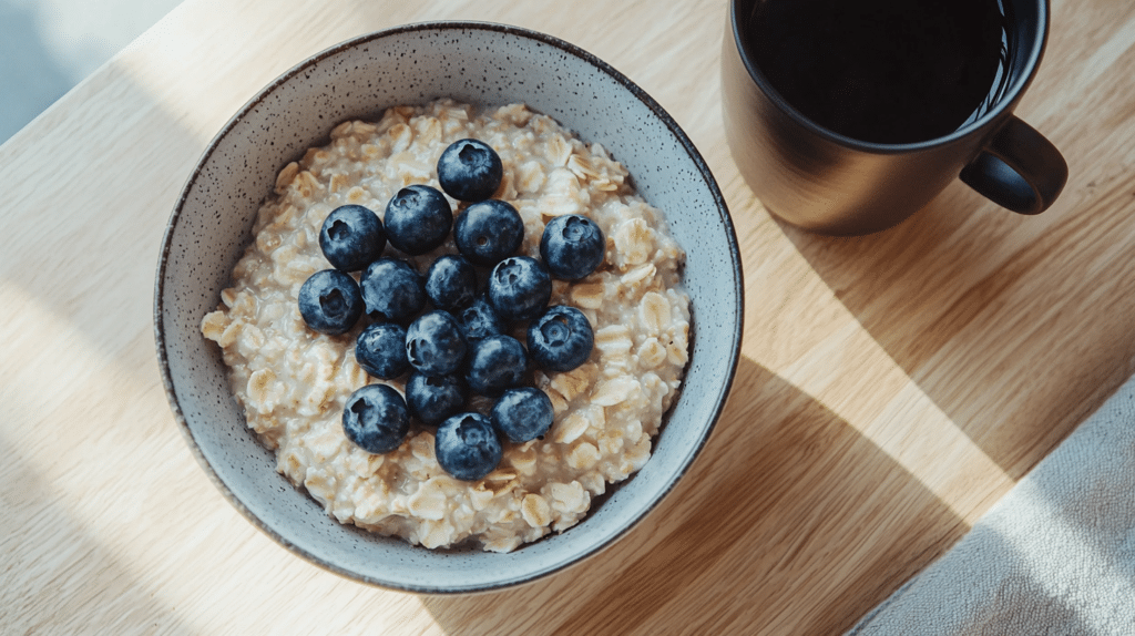 low FODMAP oatmeal breakfast bowl beside a black coffee cup on a light wood table morning setup
