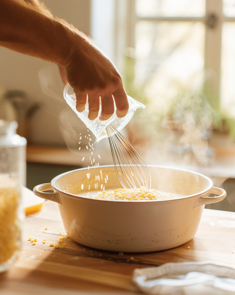 Whisking stone-ground cornmeal into simmering liquid for Low FODMAP grits