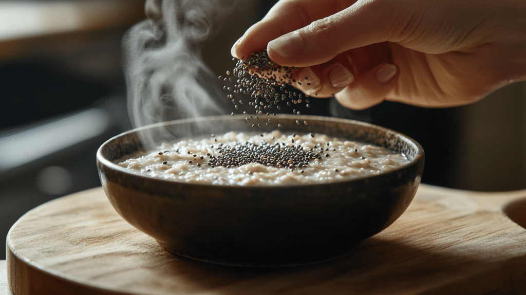 hand sprinkling chia seeds over a bowl of low FODMAP oatmeal as a safe IBS-friendly topping