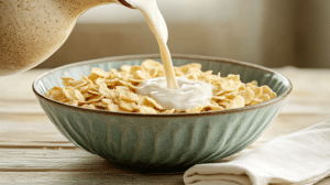 Pouring lactose-free almond milk over a bowl of frosted corn flakes