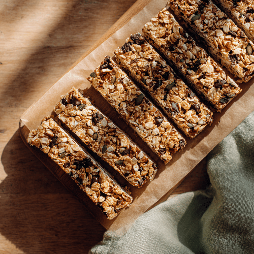 homemade low FODMAP granola bars arranged on parchment paper with green napkin