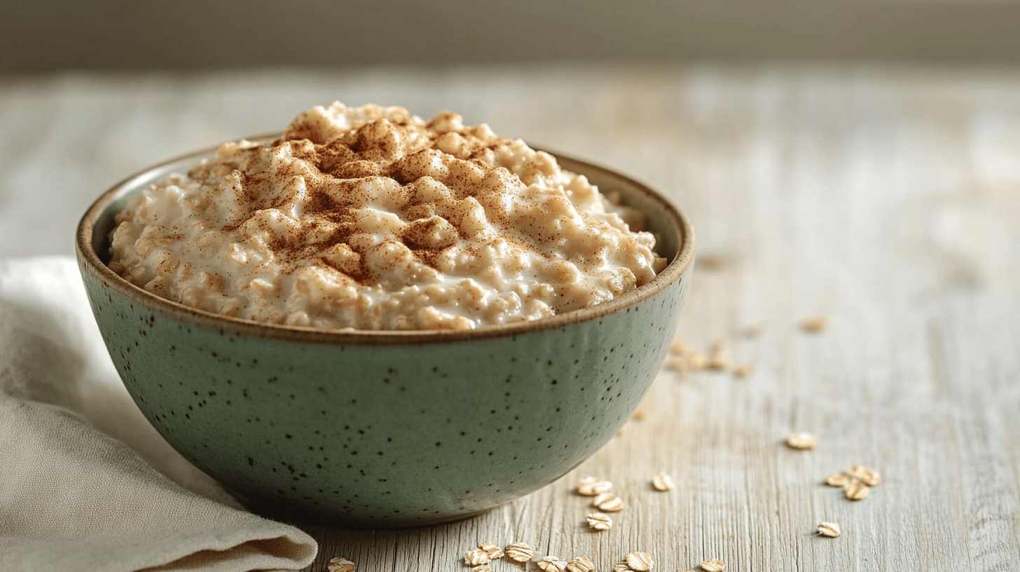 low FODMAP oatmeal bowl with cinnamon in sage green ceramic bowl on wood surface