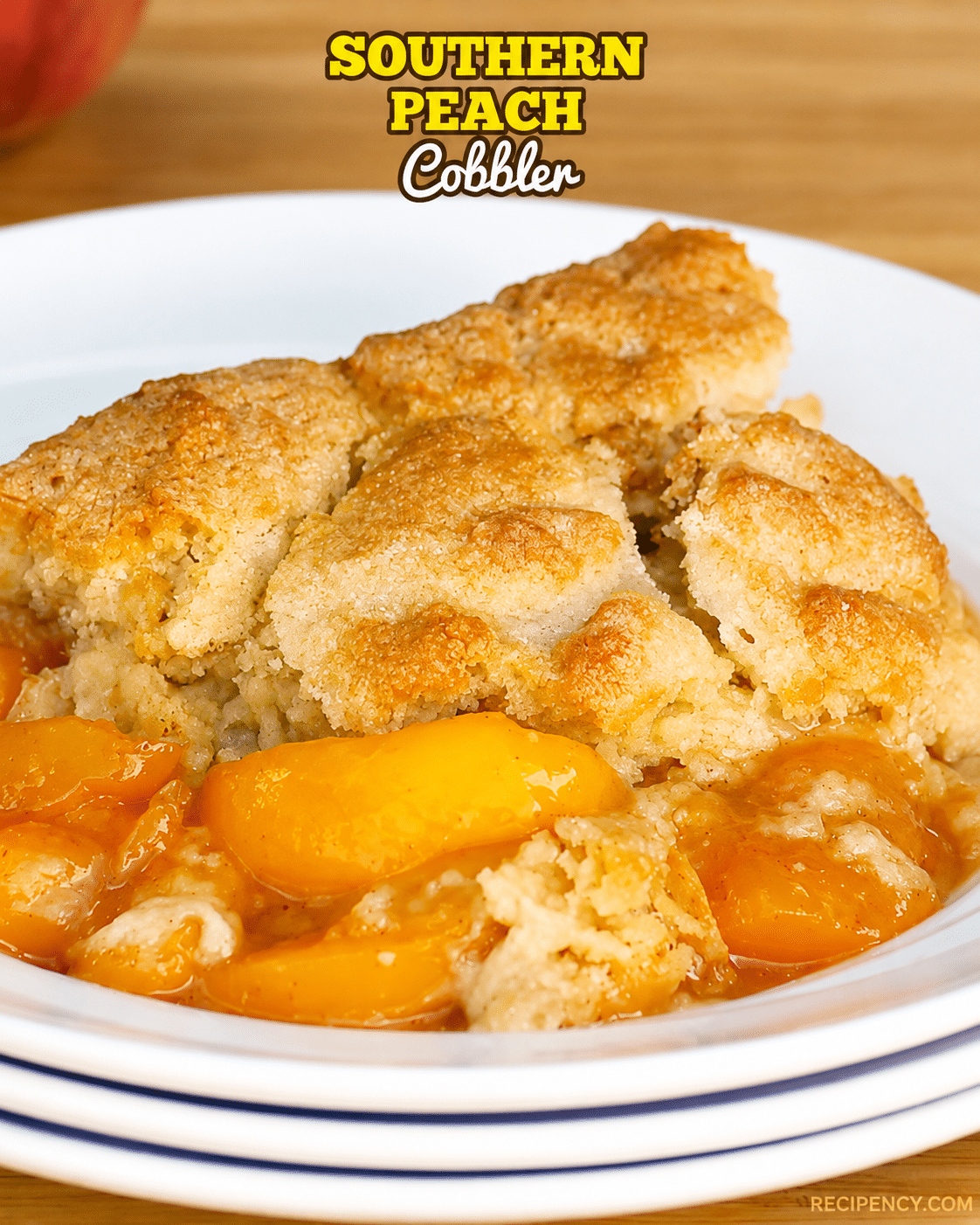 Southern Peach Cobbler with a golden biscuit topping and juicy peach filling