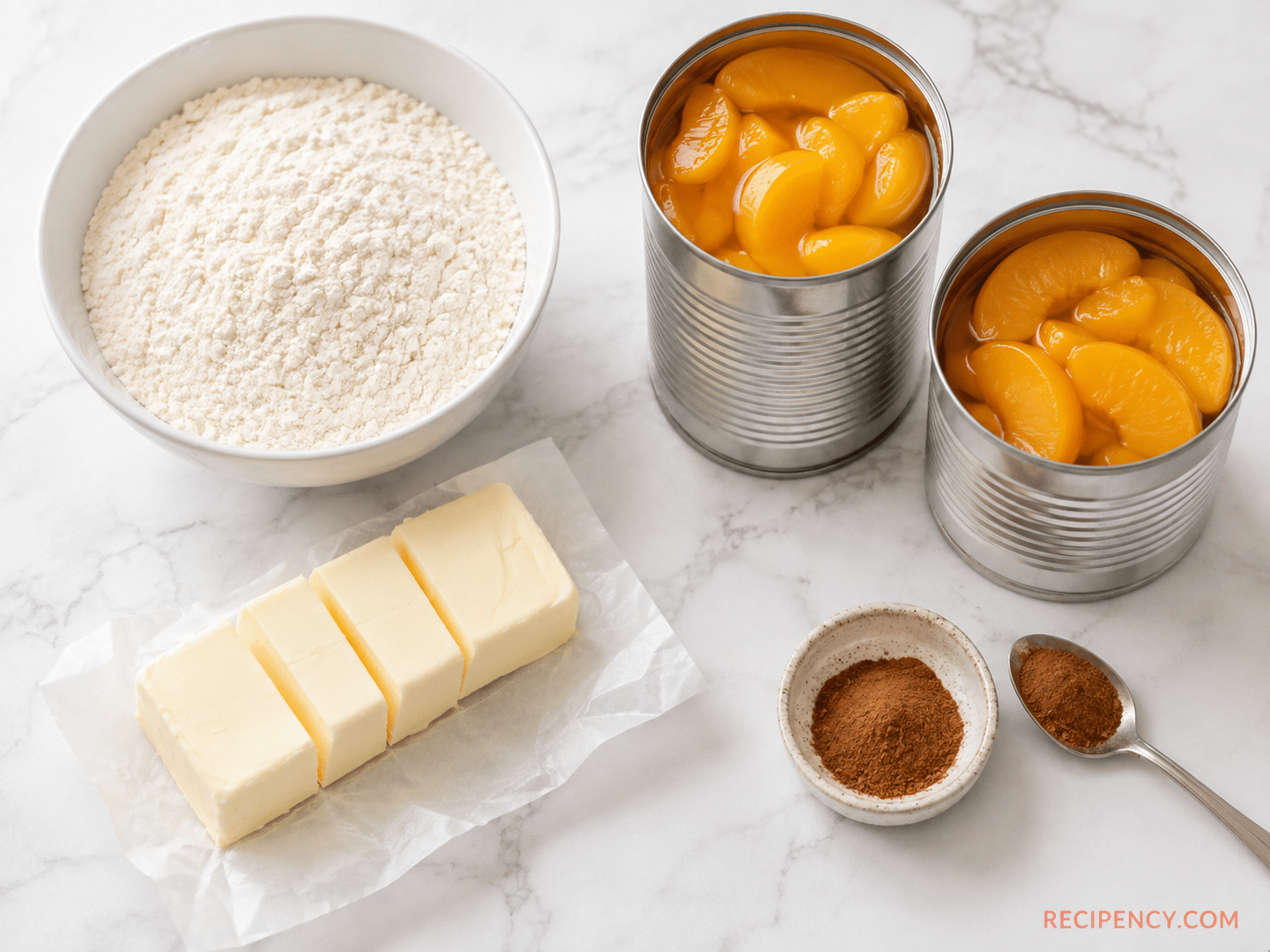 Canned peaches, vanilla cake mix, butter, and cinnamon for Peach Cobbler with Cake Mix