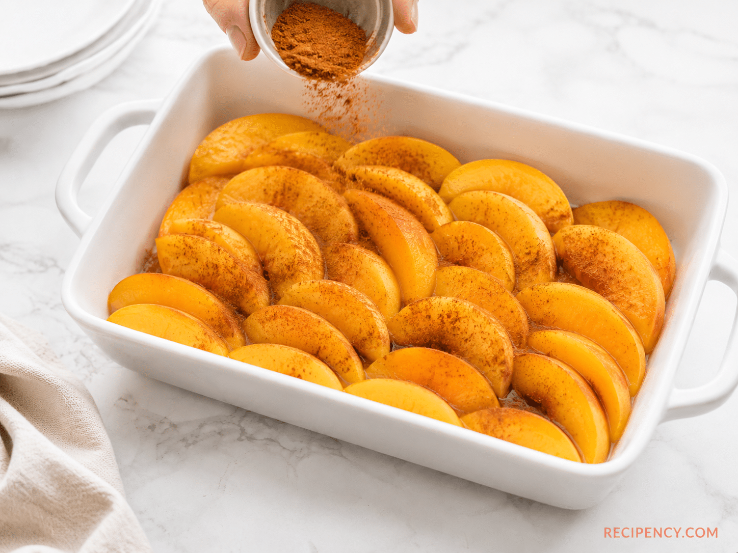 Ground cinnamon sprinkled over peaches before adding the cake mix topping