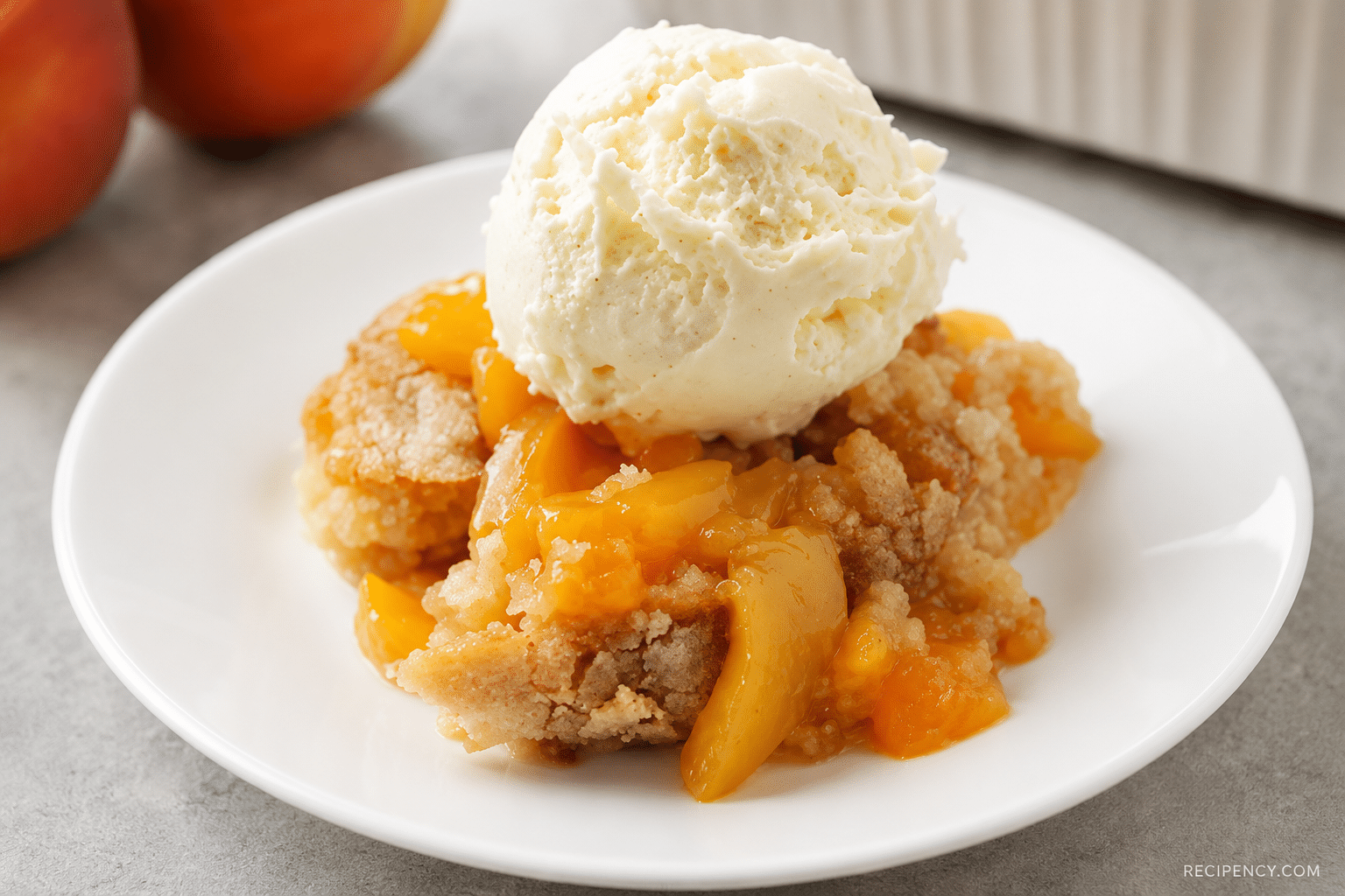Warm Southern Peach Cobbler topped with a scoop of vanilla ice cream
