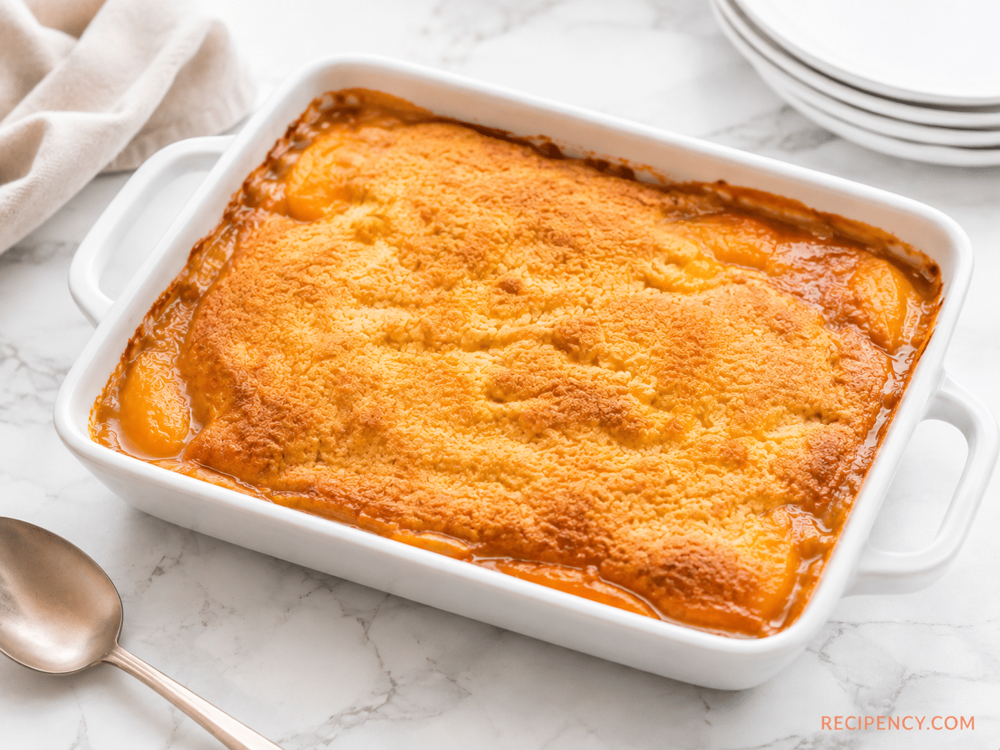 Golden brown baked Peach Cobbler with Cake Mix fresh from the oven