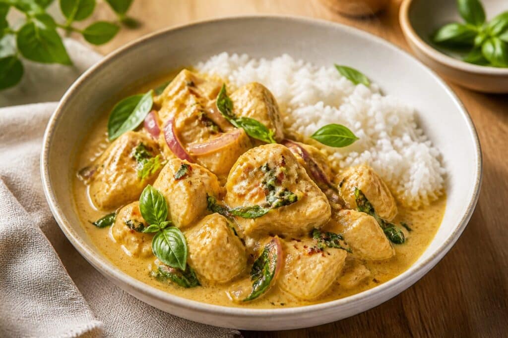 Basil Chicken with Coconut Curry Sauce served with white rice