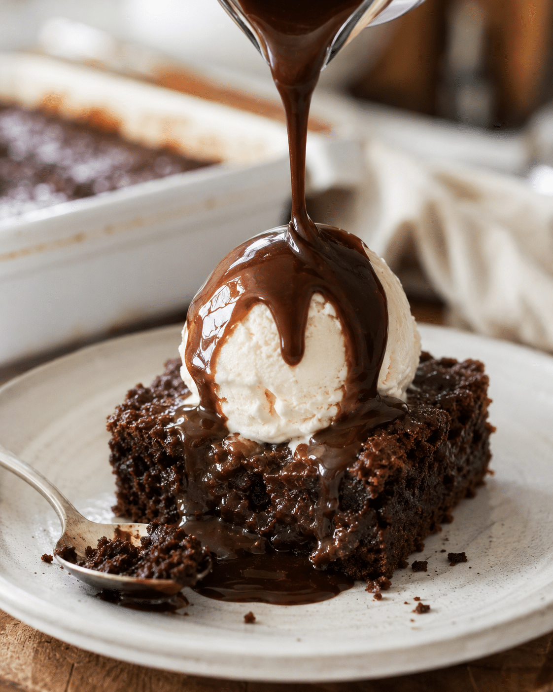 Warm chocolate brownie topped with vanilla ice cream and hot fudge sauce