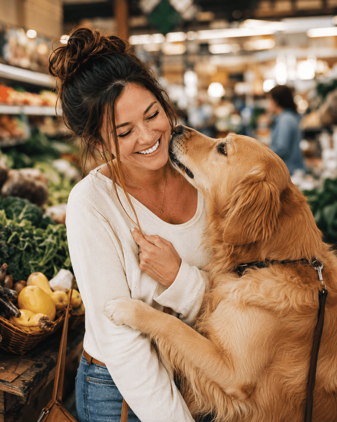 Olivia Bennett smiling with her golden retriever at a local food market