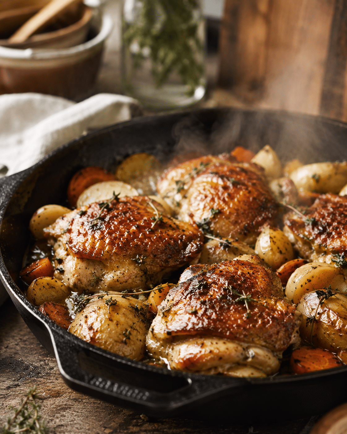 Golden skillet roasted chicken thighs with potatoes carrots and fresh herbs
