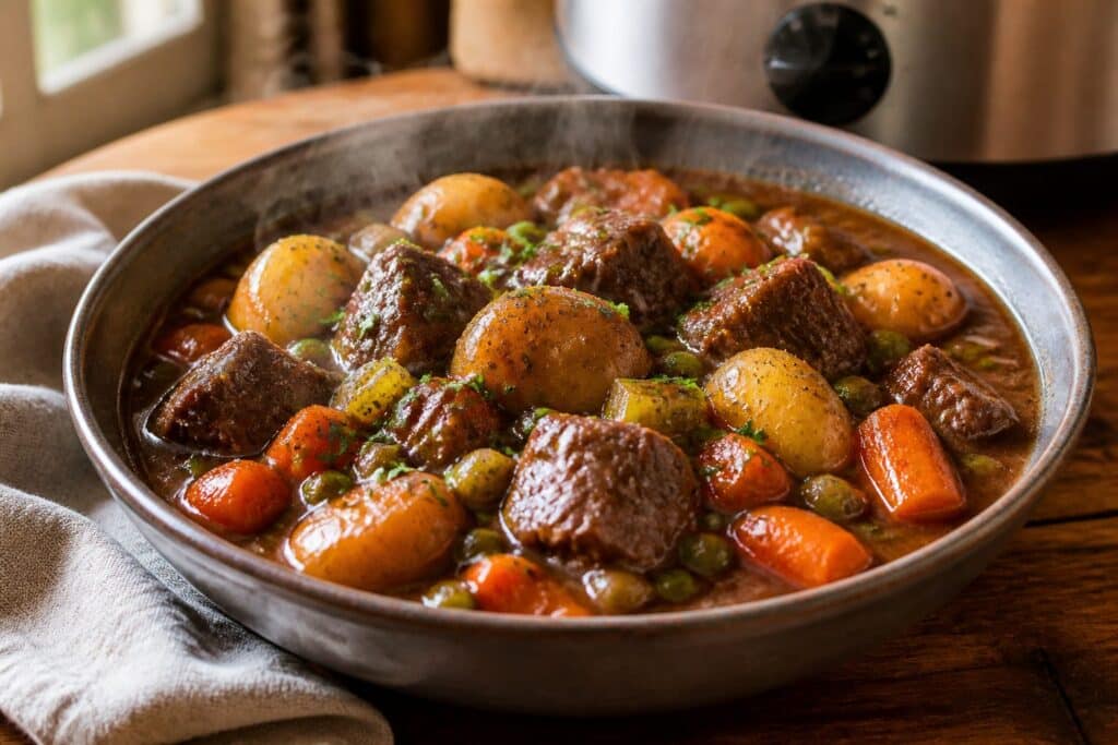Thick Slow Cooker Beef Stew with beef, potatoes, carrots, and peas
