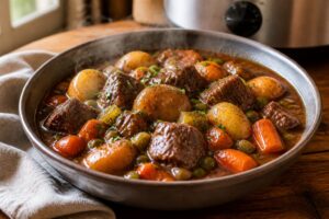 Thick Slow Cooker Beef Stew with beef, potatoes, carrots, and peas